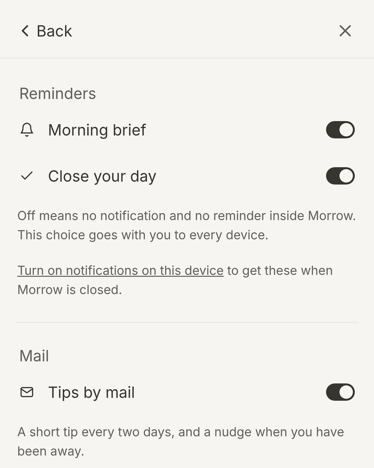 The Notifications page with the Tips by mail switch turned on