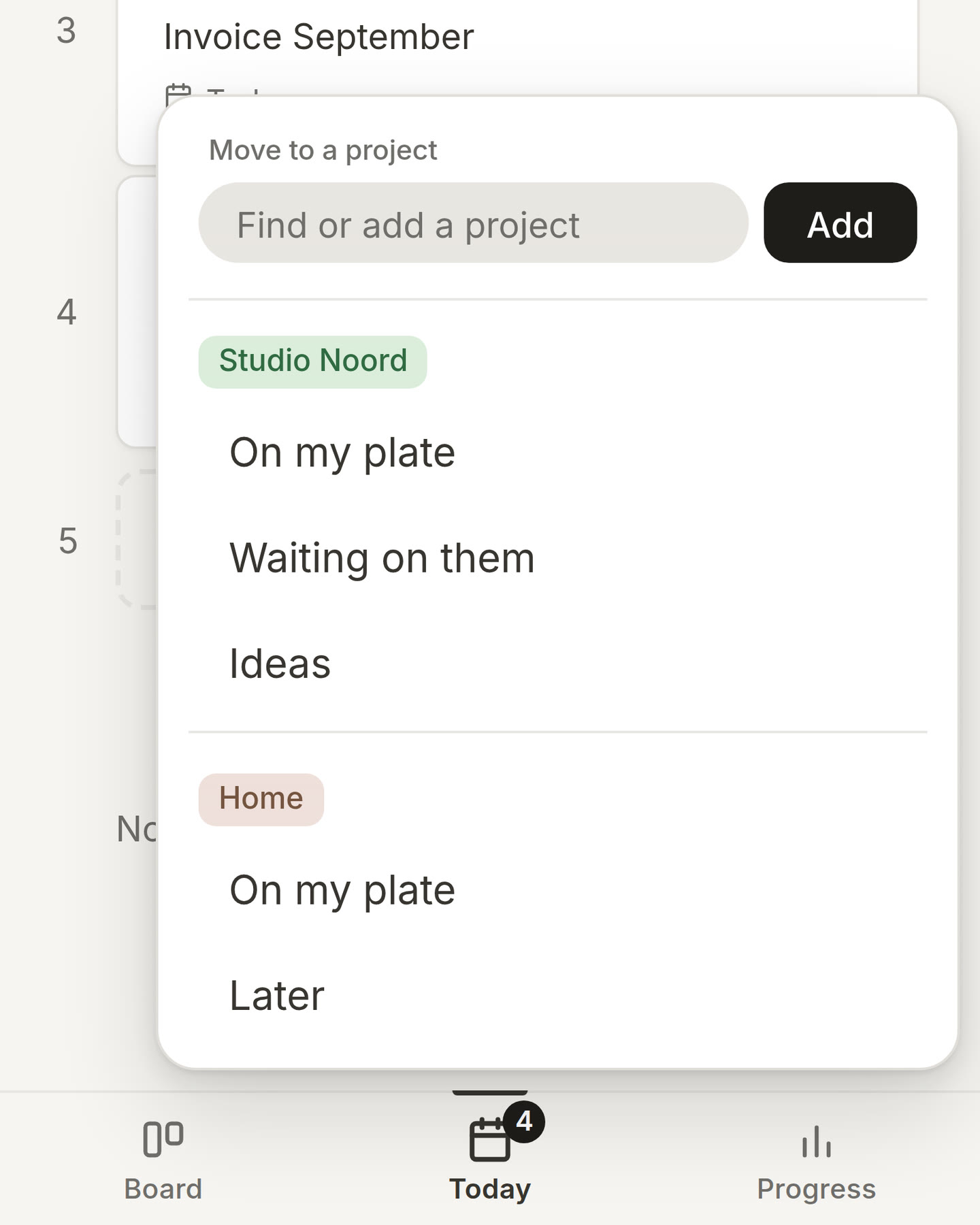 A card on Today with its Unsorted chip opened: a field for a new project, and the projects with their lists