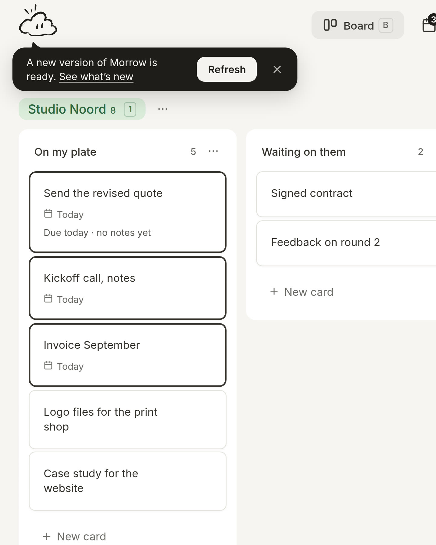 The cloud saying a new version of Morrow is ready, with See what’s new and a Refresh button