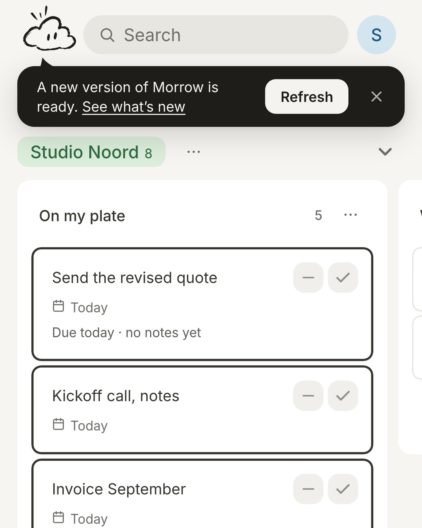 The cloud saying a new version of Morrow is ready, with See what’s new and a Refresh button