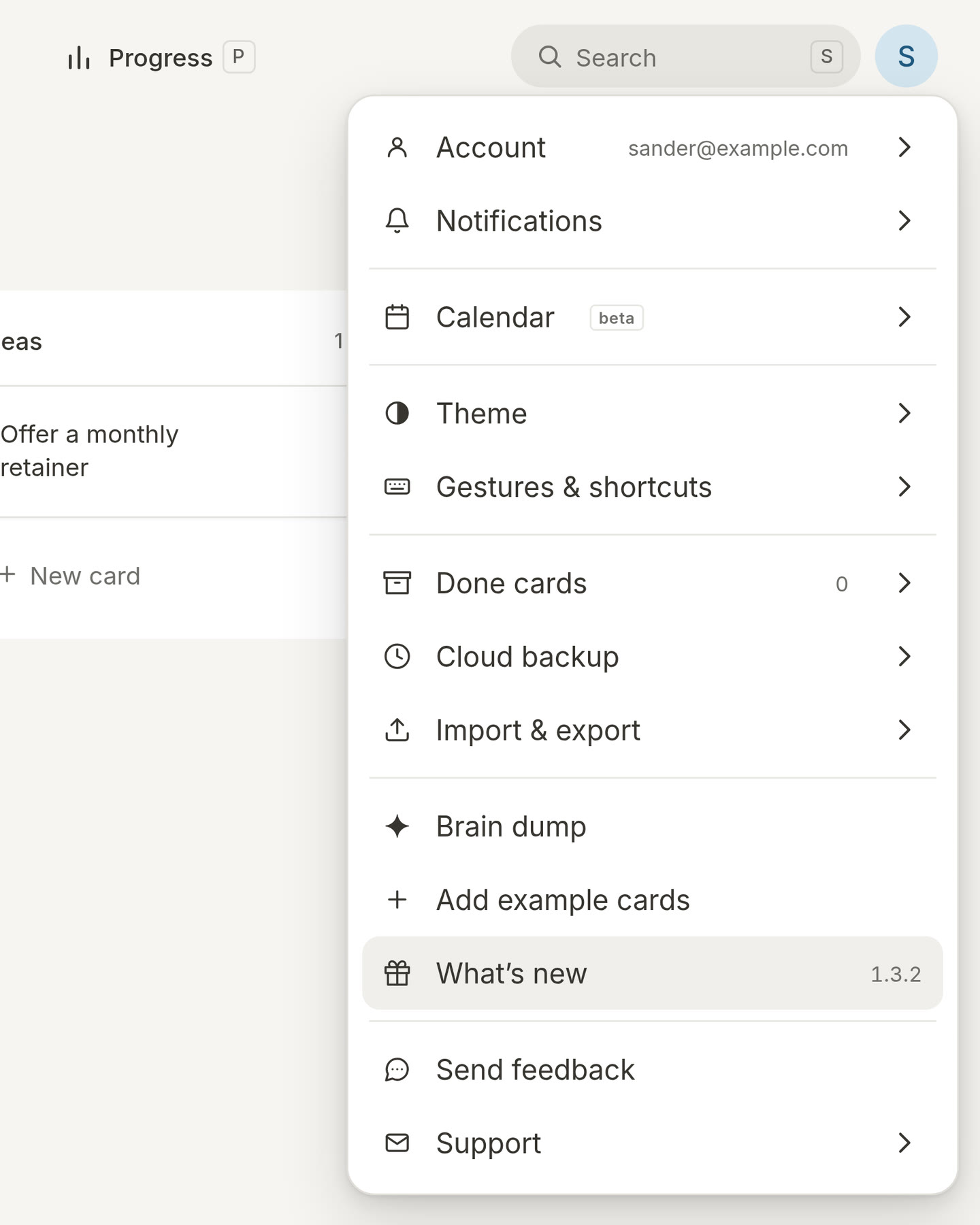 The profile menu with What’s new and the version number 1.3.2 next to it