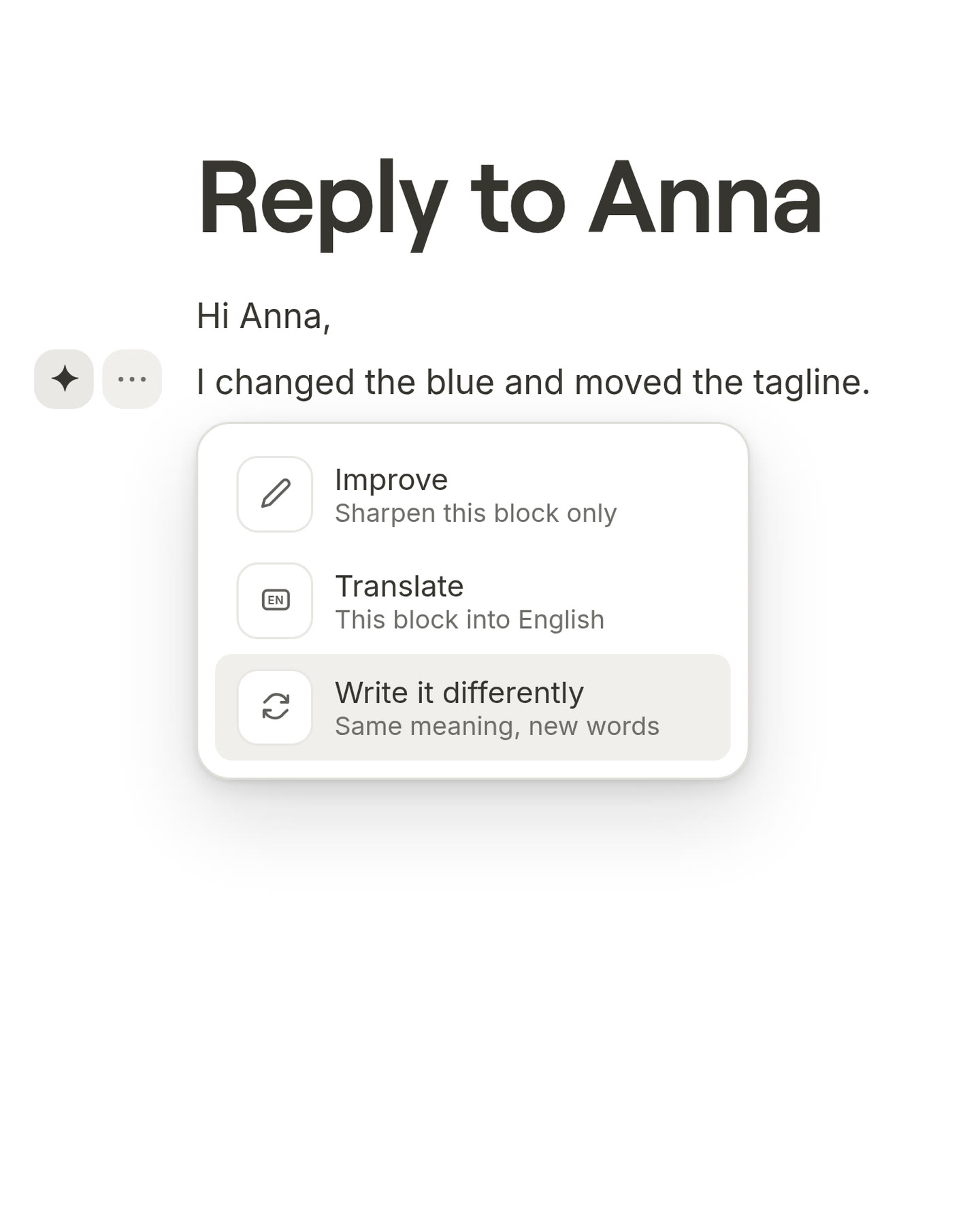 The AI menu next to a paragraph, open on Write it differently