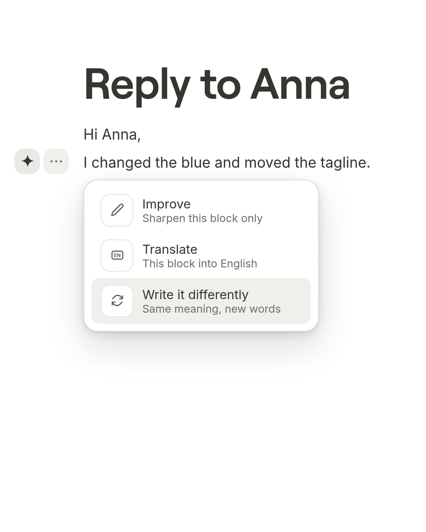 The AI menu next to a paragraph, open on Write it differently