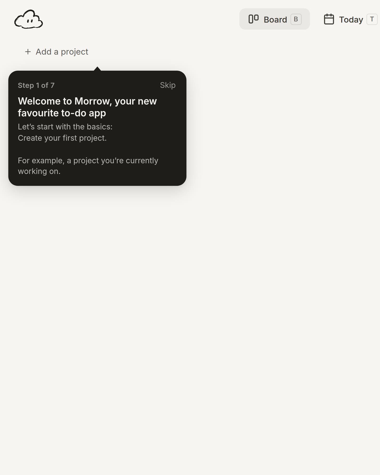 The first step of the walkthrough: step 1 of 7, make your first project