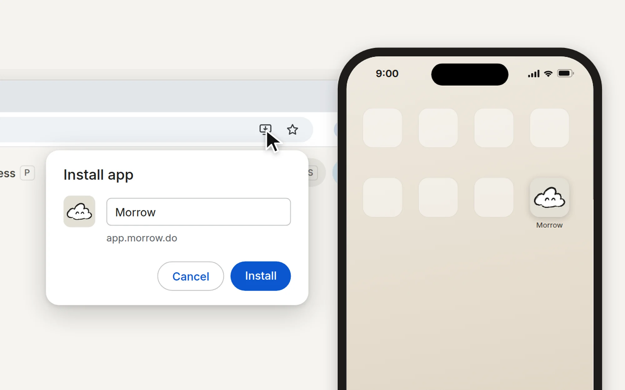 Chrome's Install app window for Morrow on a laptop, and Morrow's icon on an iPhone home screen
